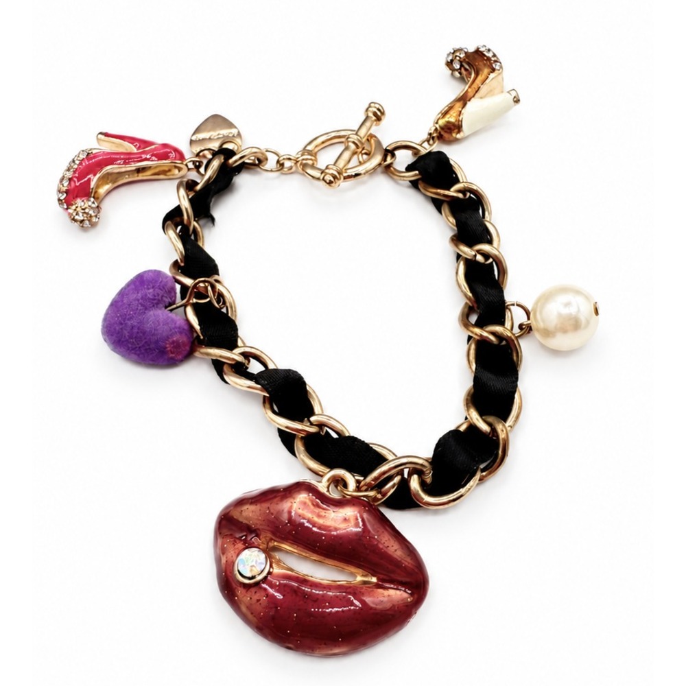 Vintage Betsey Johnson Charm Bracelet Woven Ribbon Faux Pearl Lips Stiletto Y2K